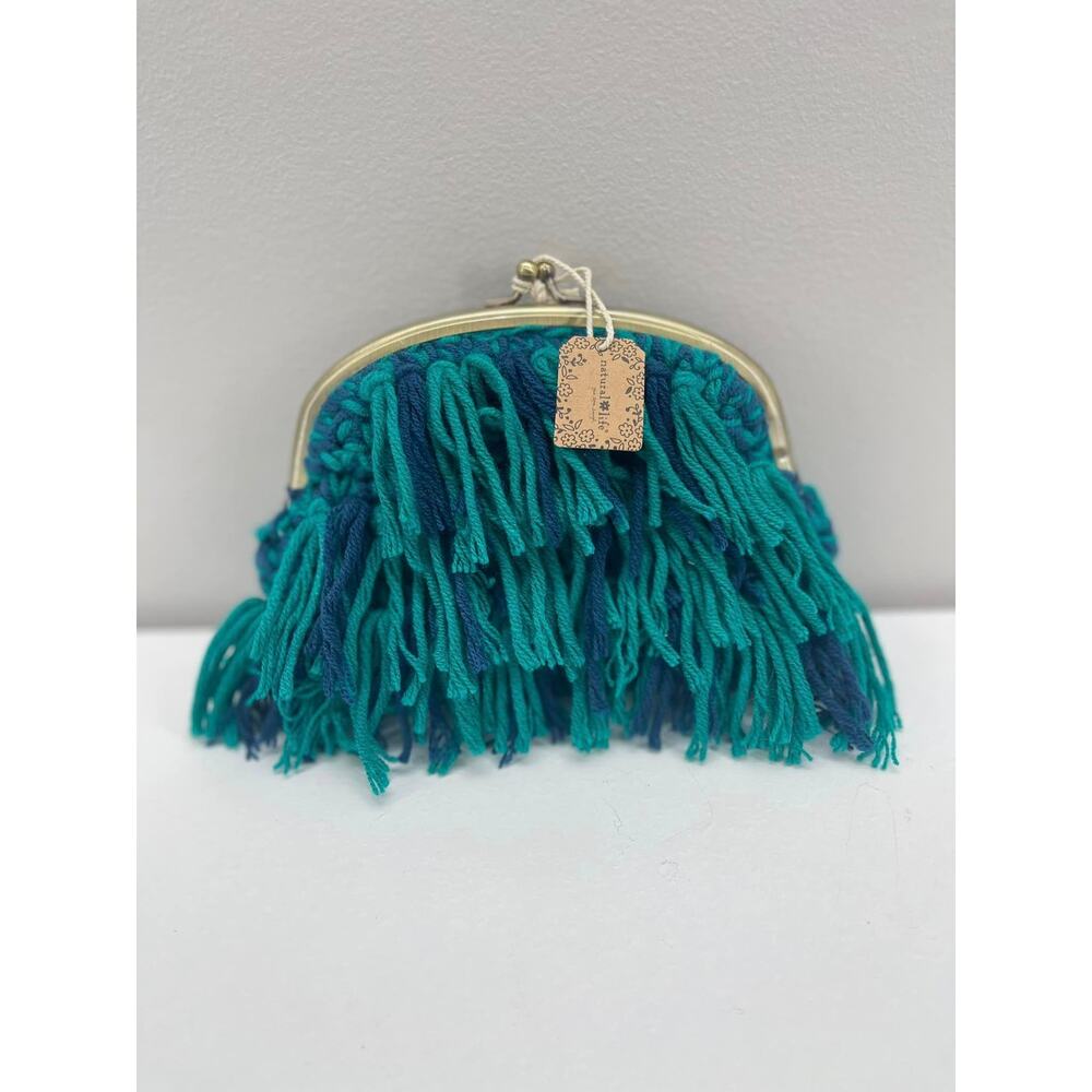 Natural Life Coin Purse Blue Green Crochet Yarn Fringe Pouch Kisslock Artsy Boho